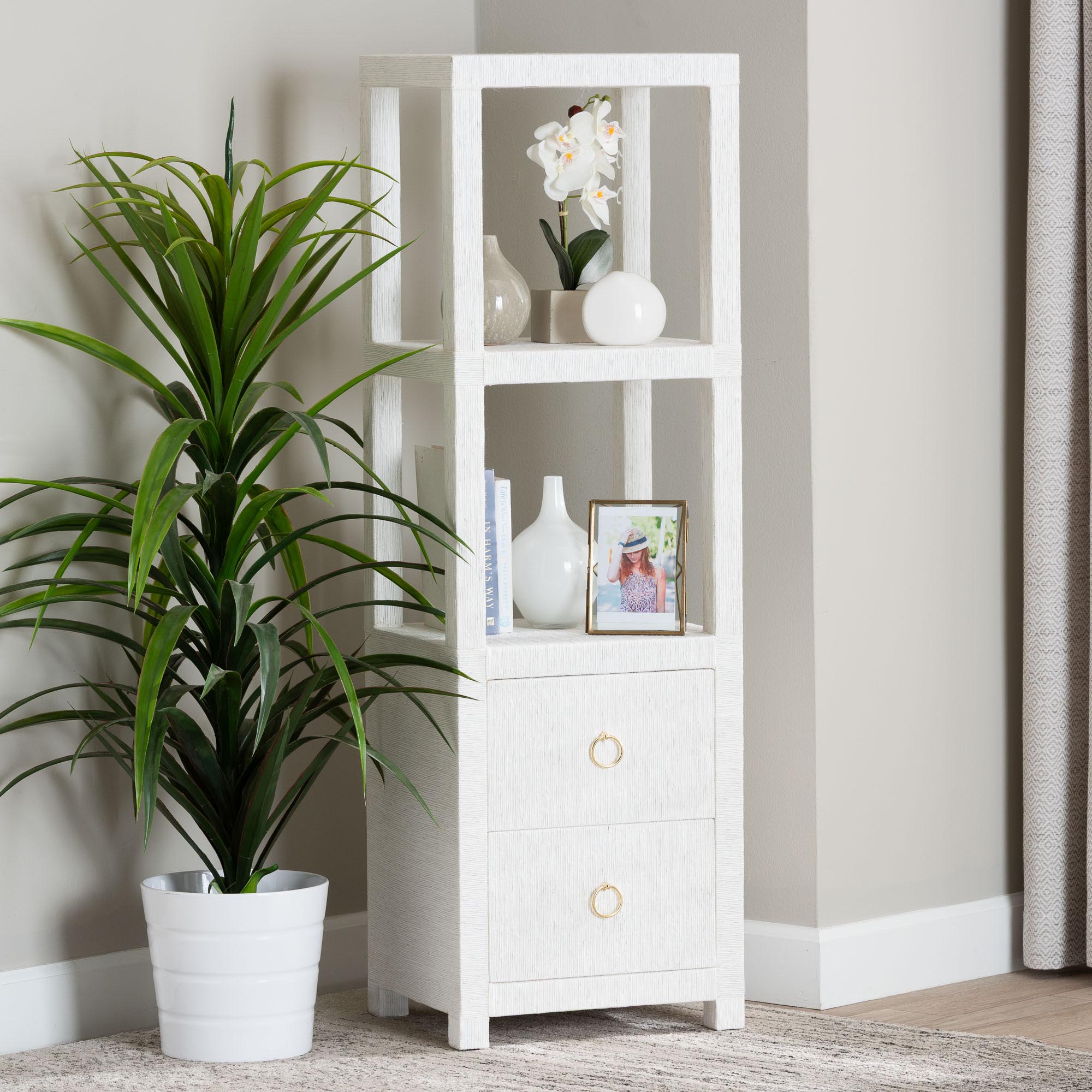 Xavier Grasscloth Tall Storage Cabinet - Woven Accent Displaying Tower Bookcase with Open Shelves and Drawers, Space-Saving Organizer for Living Room, Bedroom, or Entryway