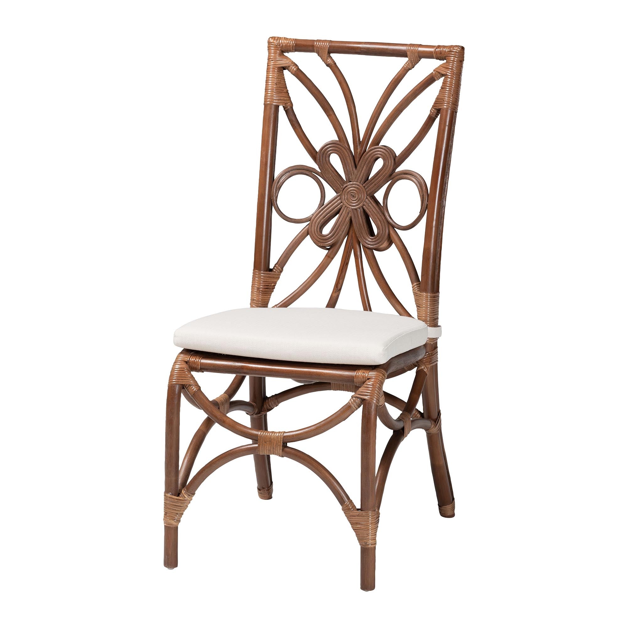 bali & pari Brama Natural Rattan Dining Chair with Decorative Backrest and Cushioned Seat, Boho Coastal Style Seating for Dining Room or Kitchen