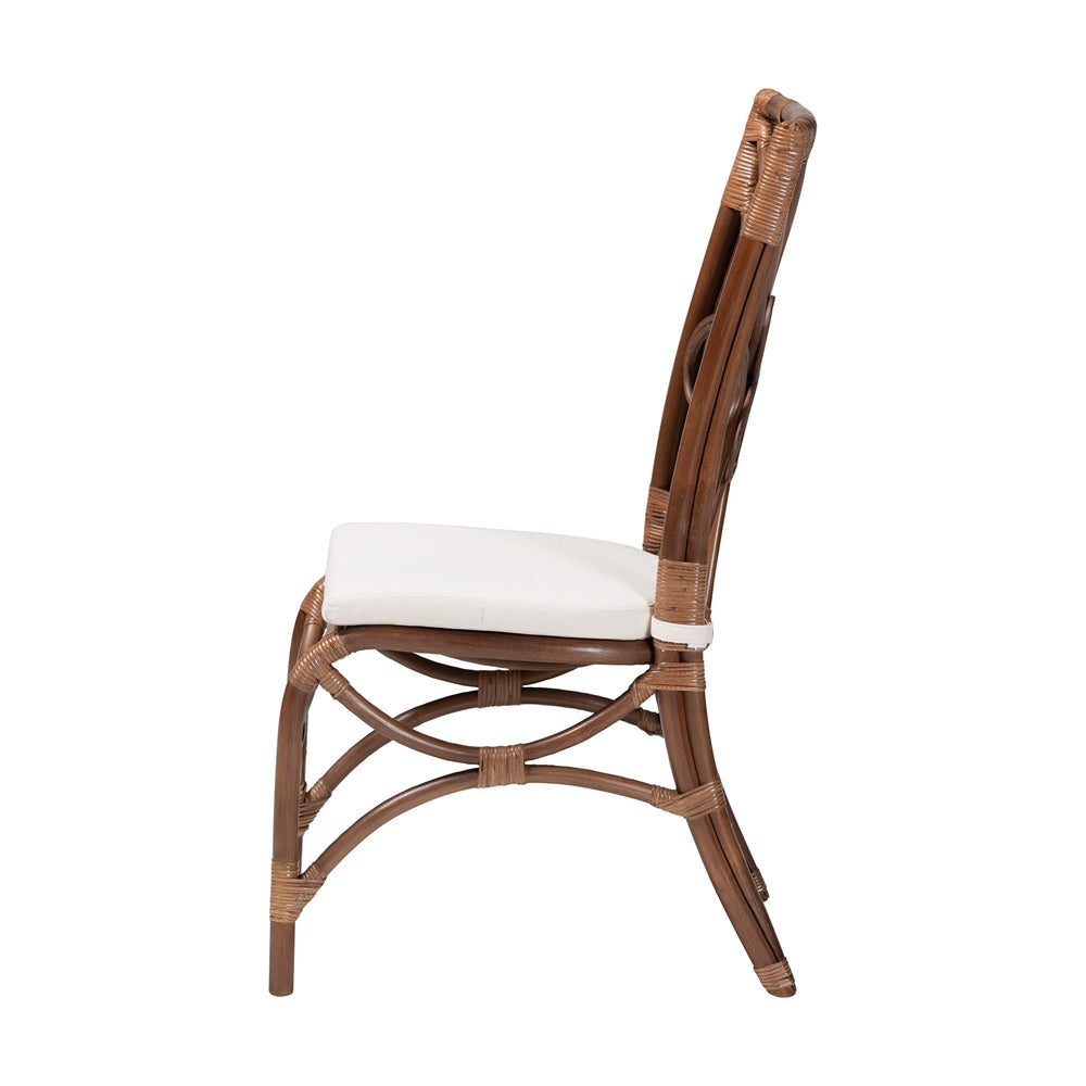 Brama Natural Rattan Dining Chair with Decorative Backrest and Cushioned Seat, Boho Coastal Style Seating for Dining Room or Kitchen