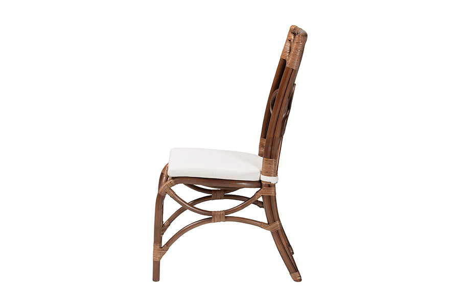 Brama Natural Rattan Dining Chair with Decorative Backrest and Cushioned Seat, Boho Coastal Style Seating for Dining Room or Kitchen