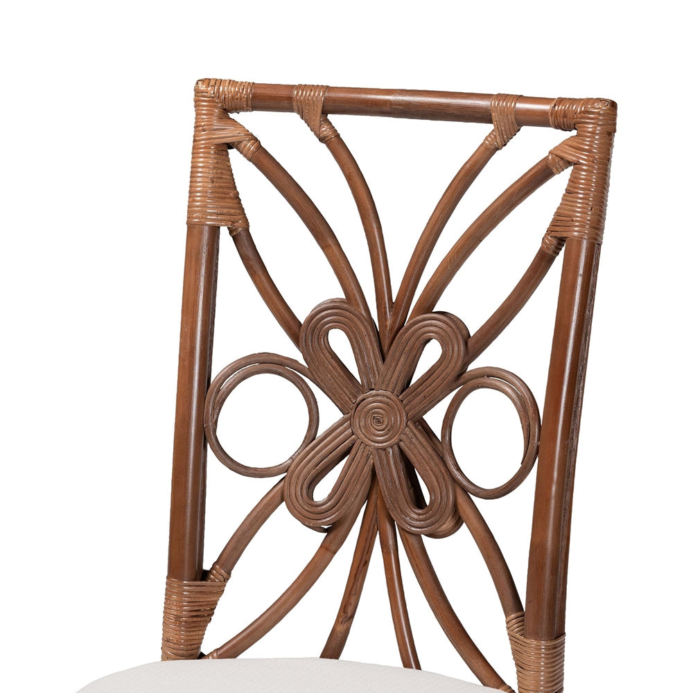 Brama Natural Rattan Dining Chair with Decorative Backrest and Cushioned Seat, Boho Coastal Style Seating for Dining Room or Kitchen