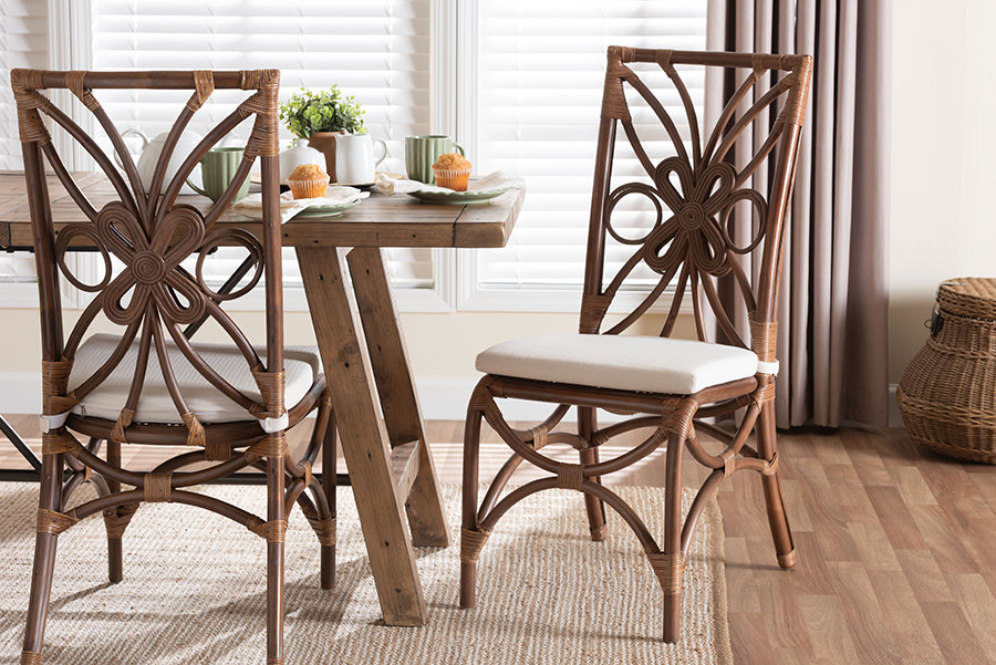 Brama Natural Rattan Dining Chair with Decorative Backrest and Cushioned Seat, Boho Coastal Style Seating for Dining Room or Kitchen