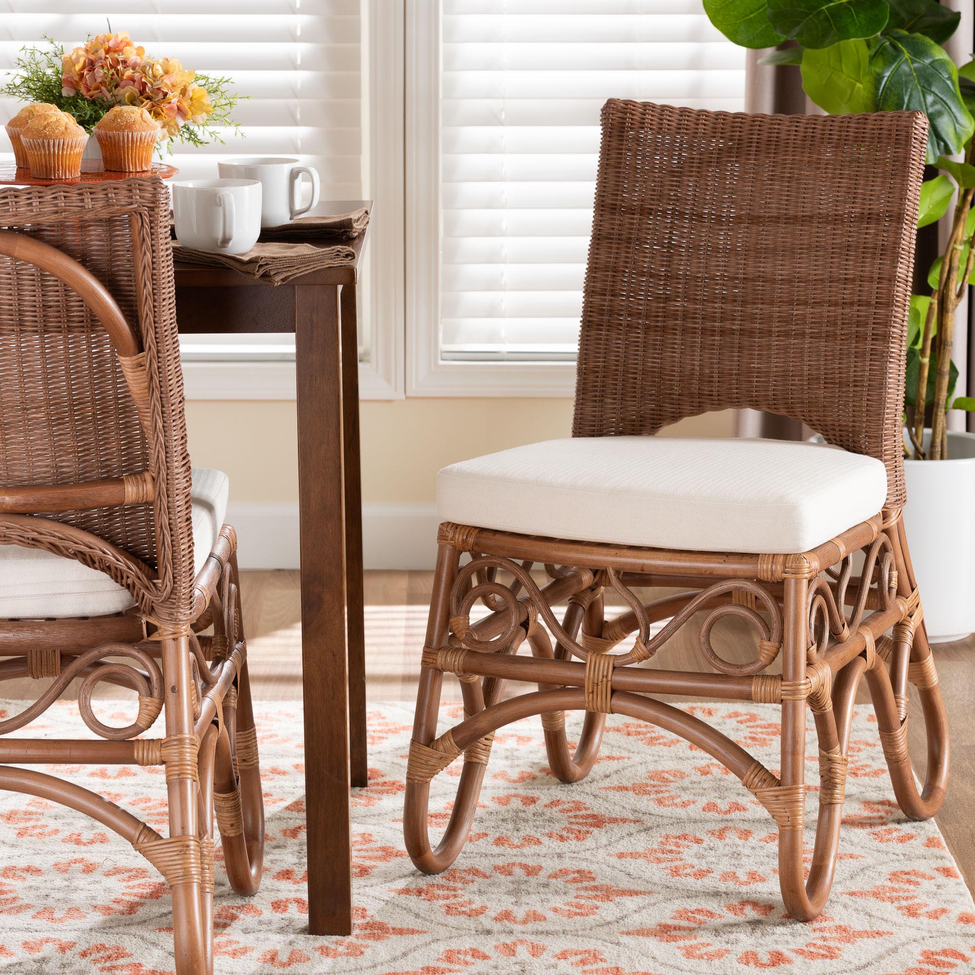 Rivan Natural Rattan Dining Chair - Handcrafted Wicker Accent Chair with Woven Back and Cushioned Seat, Boho Coastal Seating for Dining Room or Kitchen