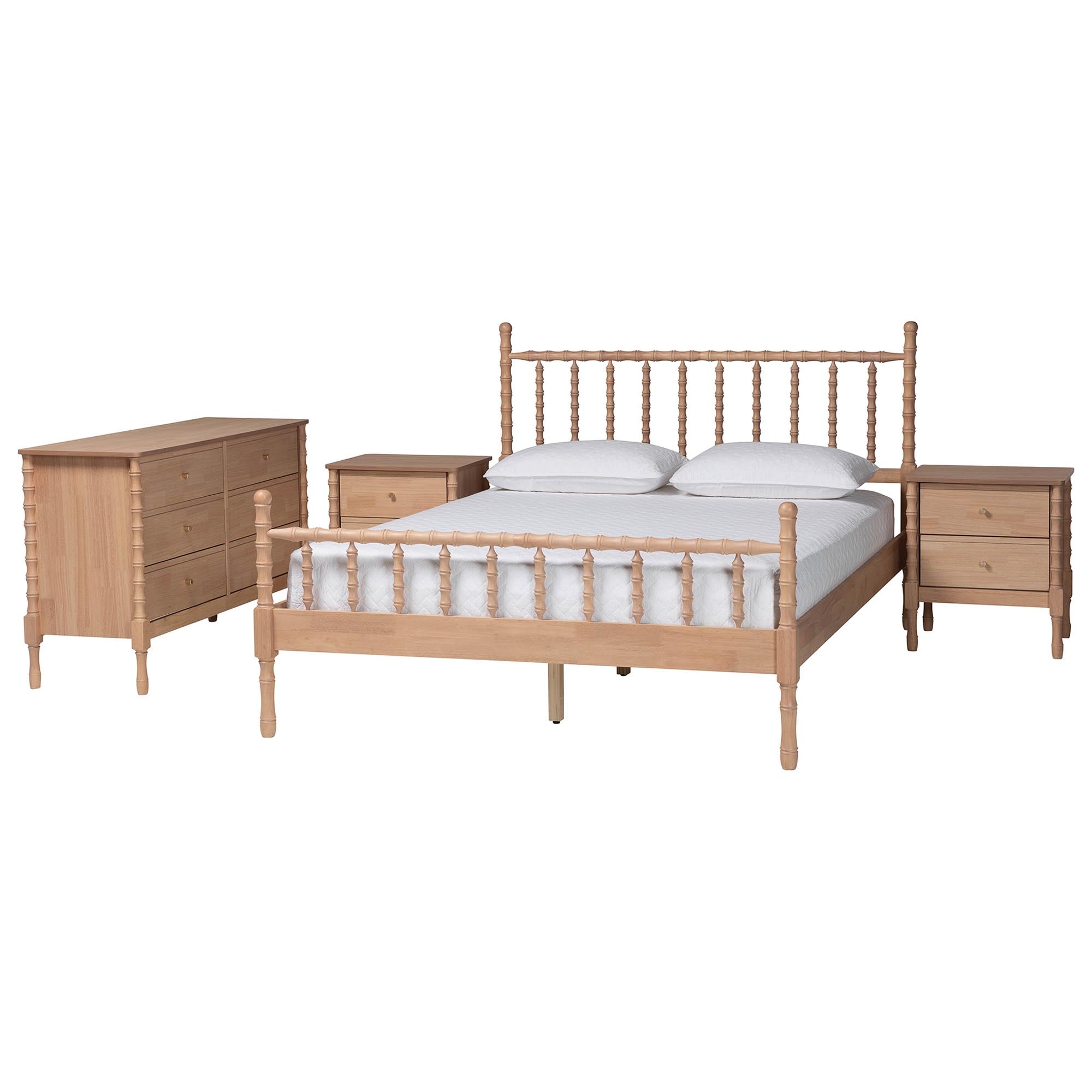 Baxton Studio Laurent Bamboo-Style 4-Piece Bedroom Set - Spindle Platform Bed with Matching Dresser and Two Nightstands, Cottage Farmhouse Style, Queen