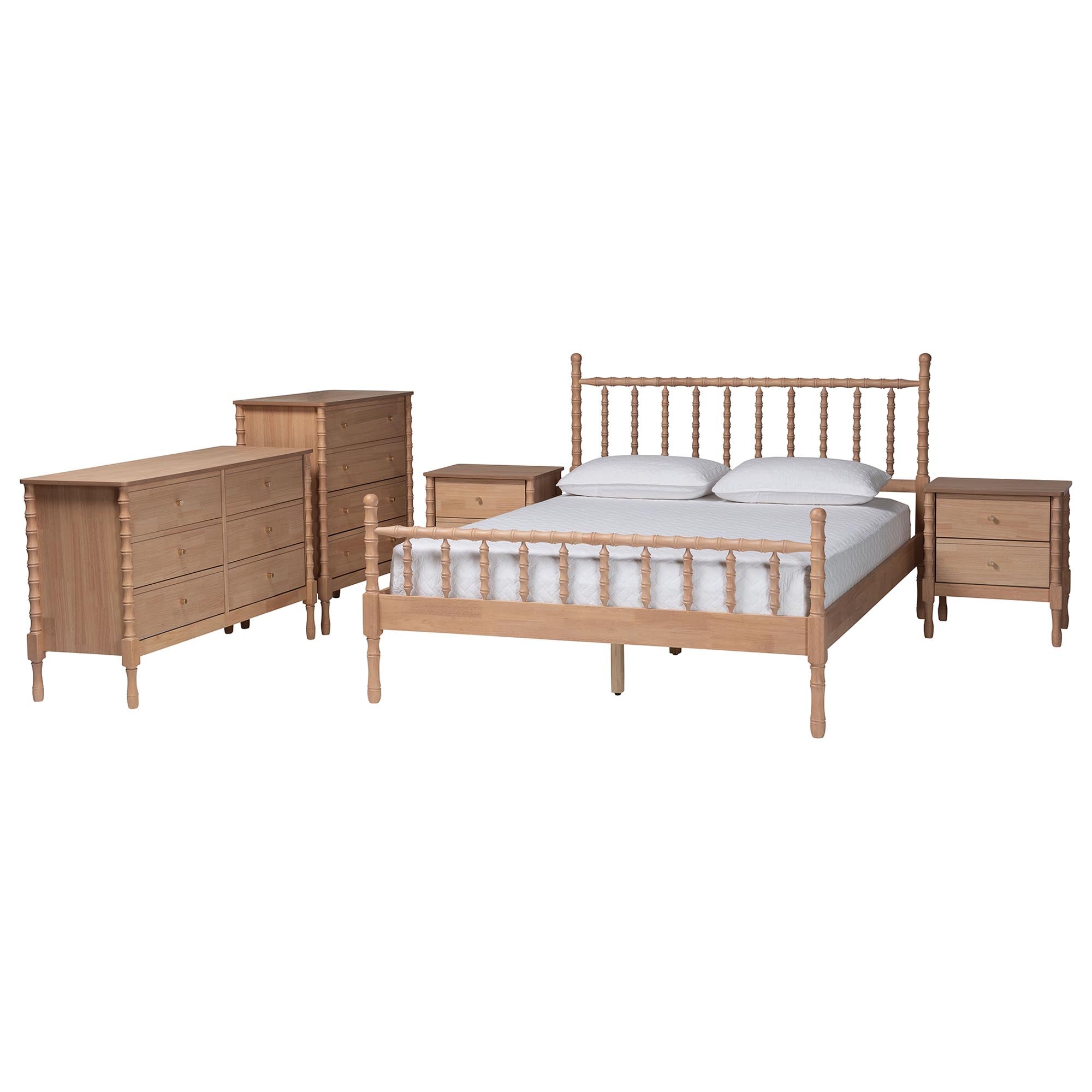 Baxton Studio Laurent Bamboo-Style 5-Piece Bedroom Set - Spindle Platform Bed with Matching Dresser, Chest, and Two Nightstands, Cottage Farmhouse Style, Queen