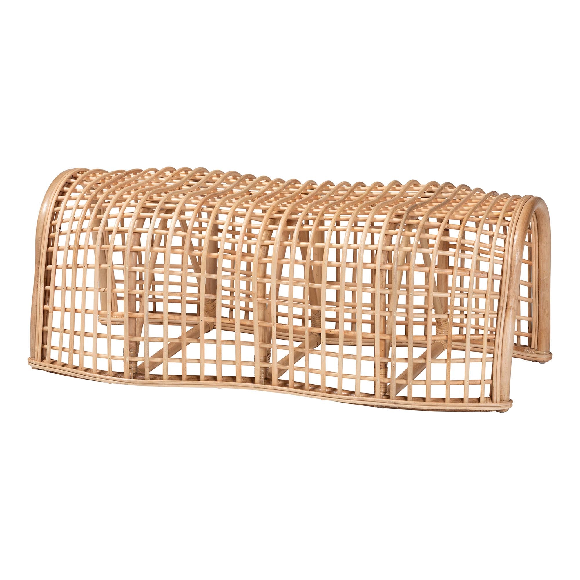 bali & pari Daiki Natural Rattan Bench with Curved Frame - Lightweight Decorative Accent Seating for Entryway, Bedroom, or Living Room