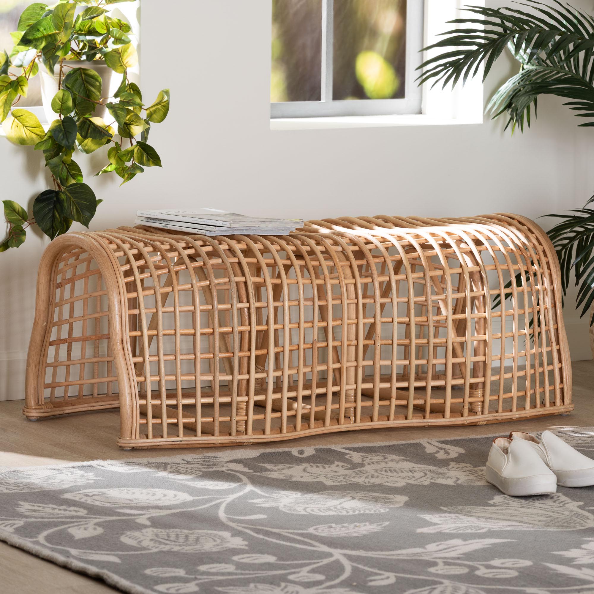Daiki Natural Rattan Bench with Curved Frame - Lightweight Decorative Accent Seating for Entryway, Bedroom, or Living Room