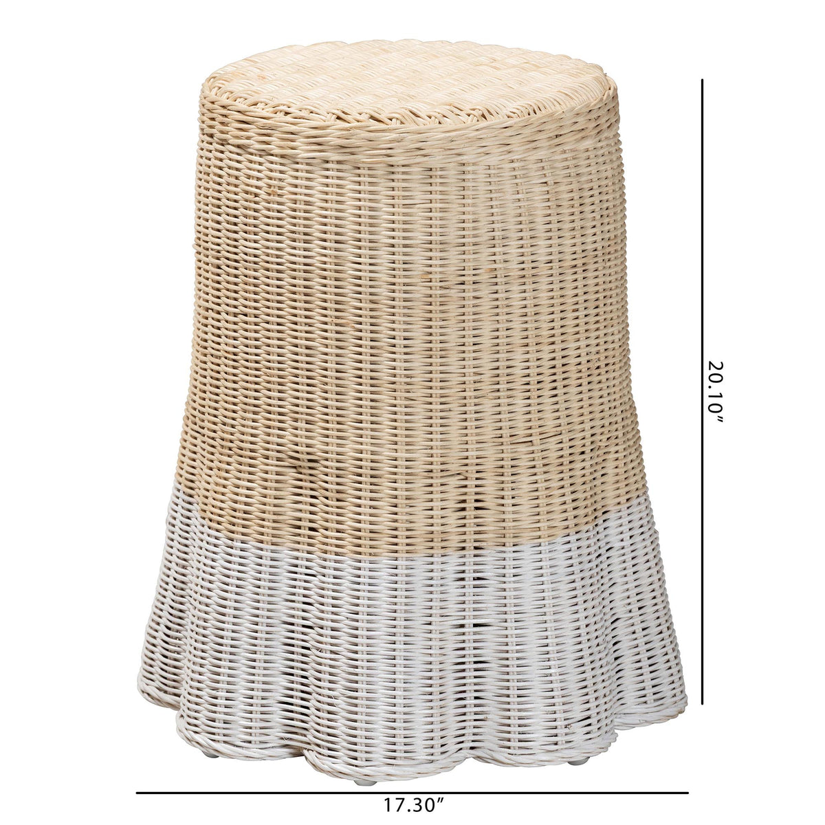 Sarna Natural Rattan End Table - Handwoven Wicker Accent Table with Scalloped Base and Two-Tone Finish, Boho Coastal Style Side Table
