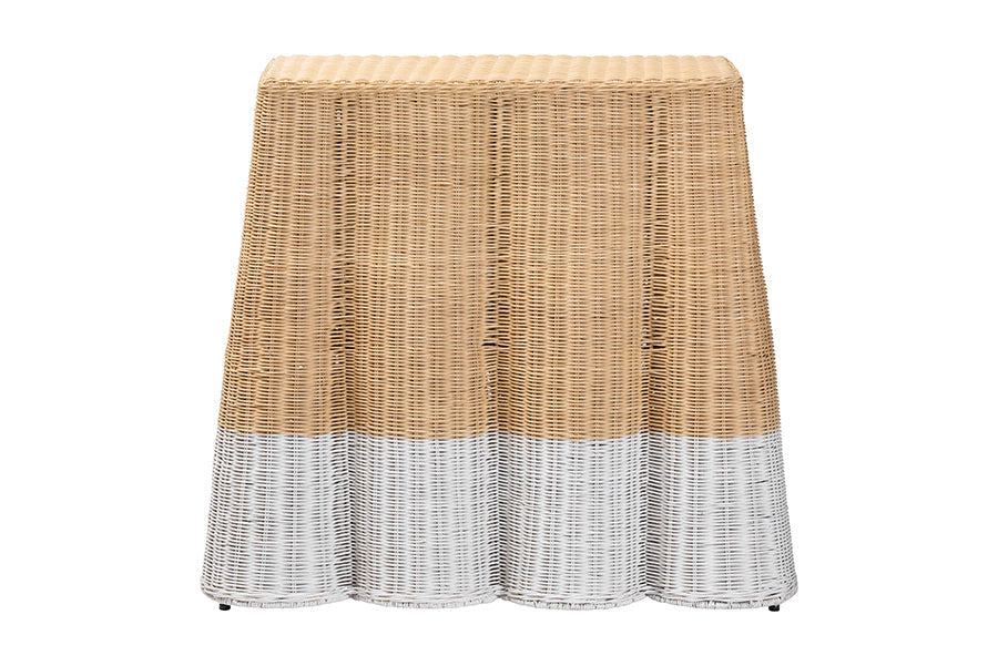 Palm Scallop Natural Rattan Console Table - Handwoven Wicker Accent Table, Coastal & Boho Decor, Rectangle 36", Two-Tone White/Natural