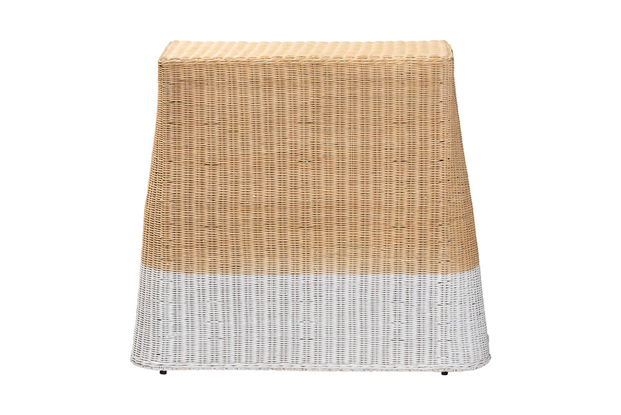 Palm Scallop Natural Rattan Console Table - Handwoven Wicker Accent Table, Coastal & Boho Decor, Rectangle 36", Two-Tone White/Natural