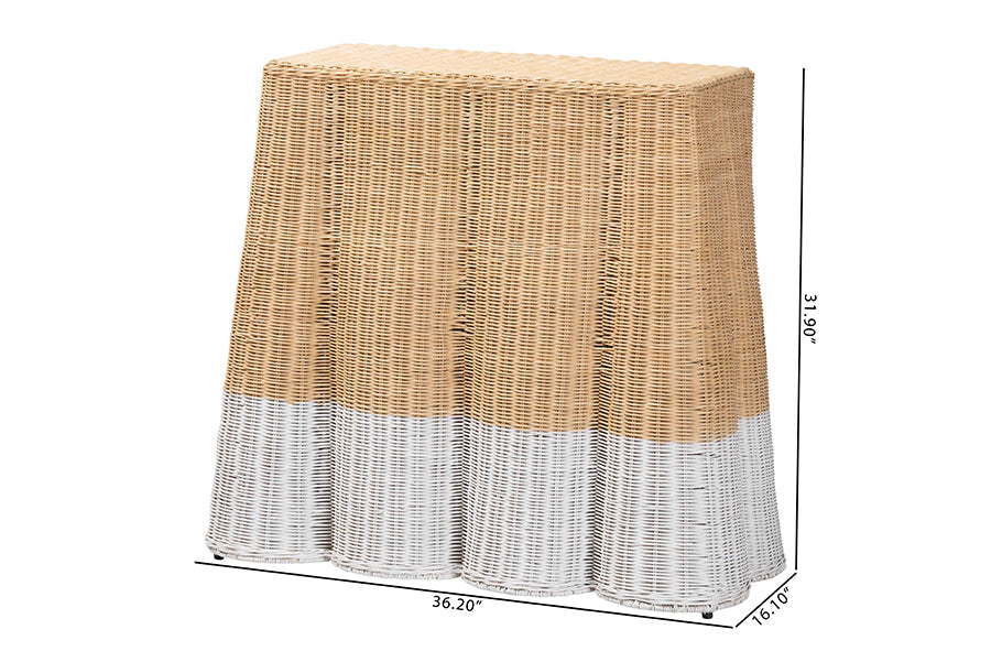 Palm Scallop Natural Rattan Console Table - Handwoven Wicker Accent Table, Coastal & Boho Decor, Rectangle 36", Two-Tone White/Natural