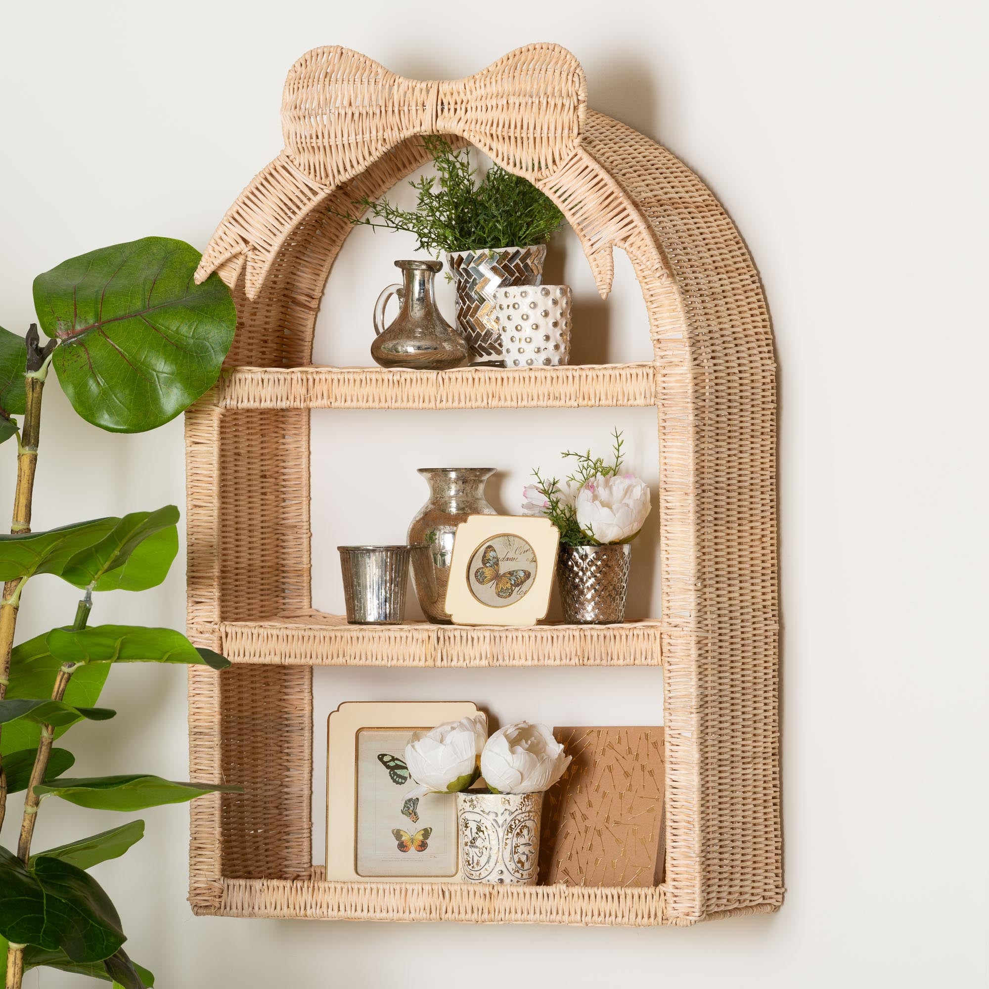 Creusa Natural Rattan Wall Shelf - 3-Tier Decorative Storage Rack with Arched Frame and Woven Bow Accent, Boho Coastal Display Shelf