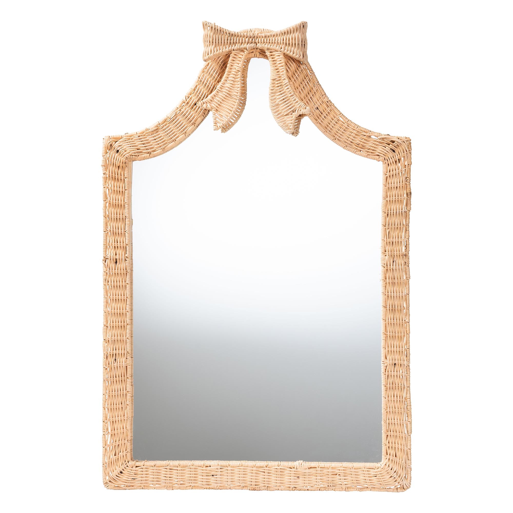 bali & pari Creusa Natural Rattan Wall Mirror - Handwoven Arched Mirror with Scalloped Corners and Bow Accent, Artistic Decor with Boho Coastal Style
