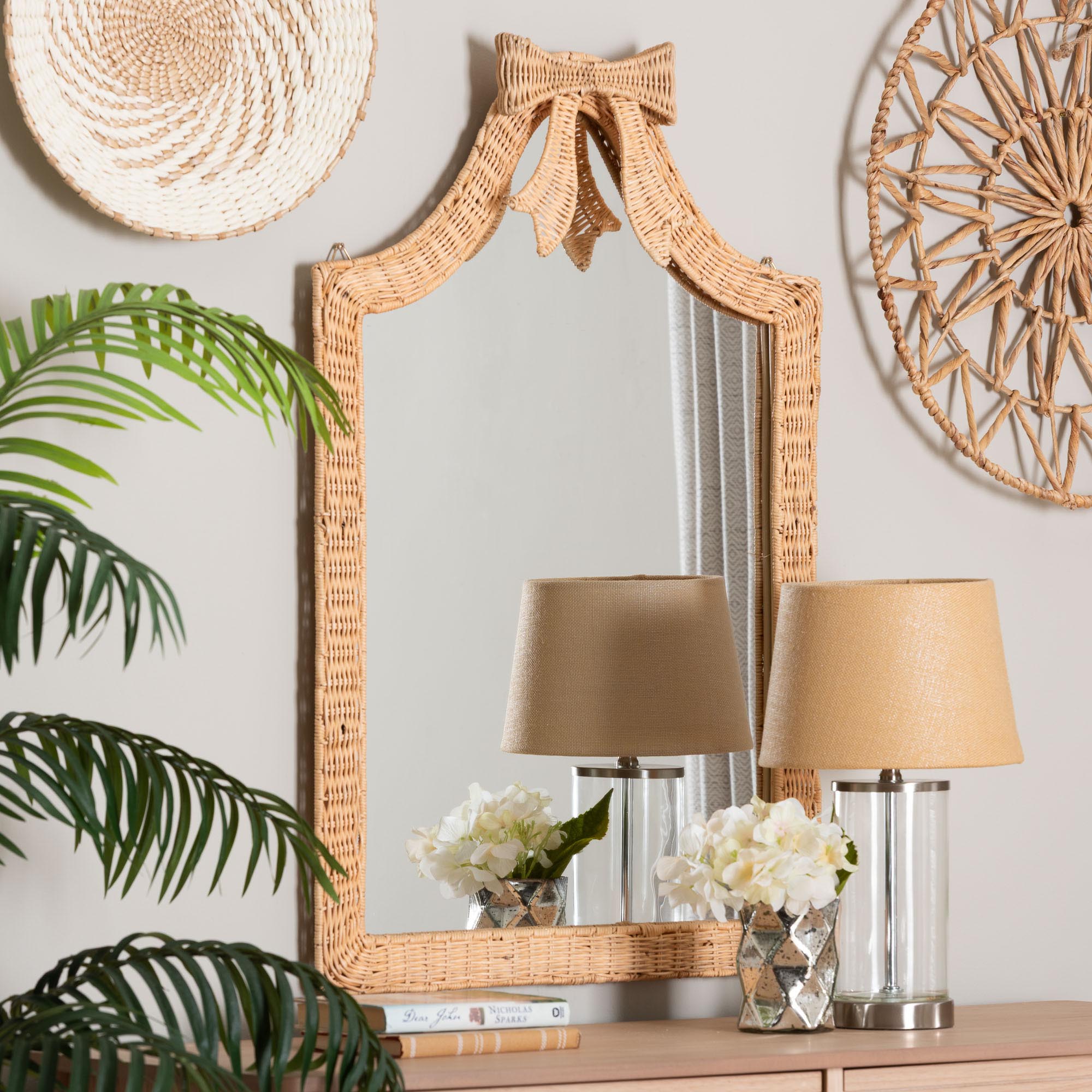 Creusa Natural Rattan Wall Mirror - Handwoven Arched Mirror with Scalloped Corners and Bow Accent, Artistic Decor with Boho Coastal Style