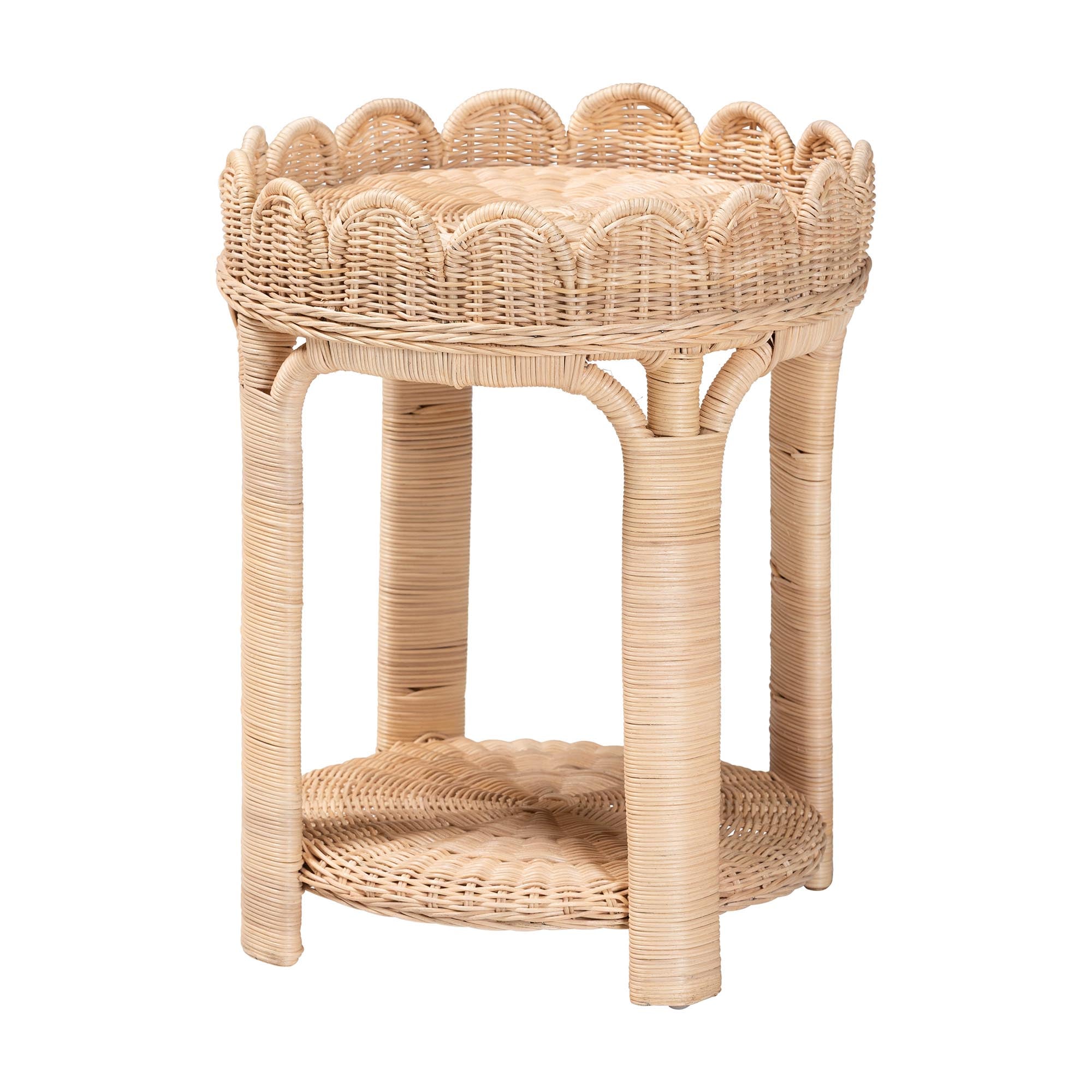 Latoya Natural Rattan End Table - Handwoven Wicker 2-Tier Side Table with Scalloped Border for Living Room or Bedroom