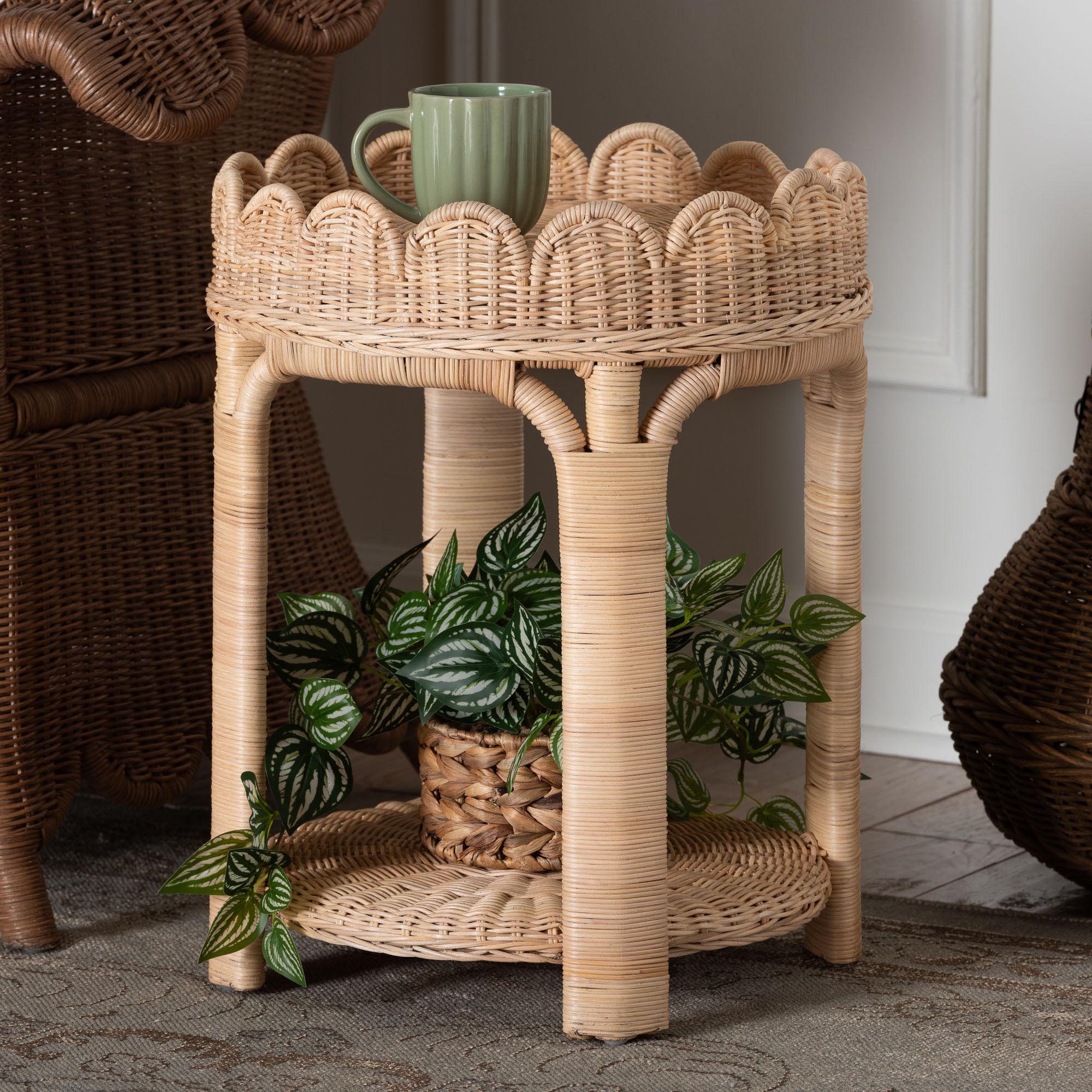 Latoya Natural Rattan End Table - Handwoven Wicker 2-Tier Side Table with Scalloped Border for Living Room or Bedroom