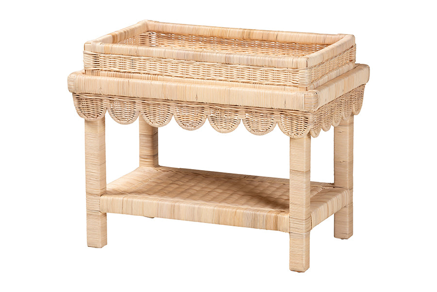 Weyman Scalloped Rattan End Table with Removable Tray Top - Handwoven Rattan Accent Table with Shelf, Coastal Boho Style Side Table for Living Room or Bedroom