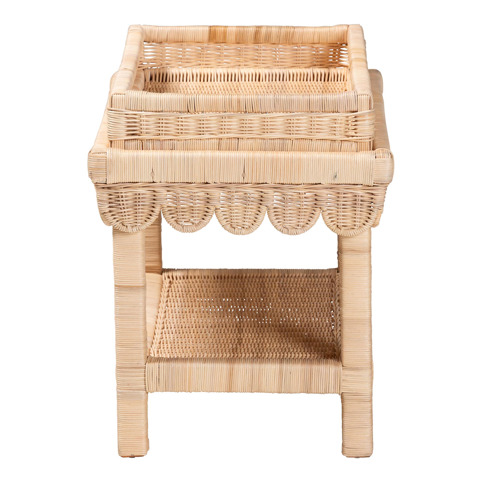 Weyman Scalloped Rattan End Table with Removable Tray Top - Handwoven Rattan Accent Table with Shelf, Coastal Boho Style Side Table for Living Room or Bedroom