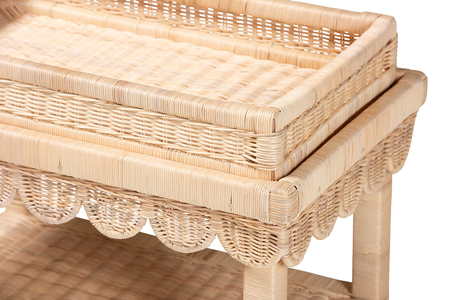 Weyman Scalloped Rattan End Table with Removable Tray Top - Handwoven Rattan Accent Table with Shelf, Coastal Boho Style Side Table for Living Room or Bedroom