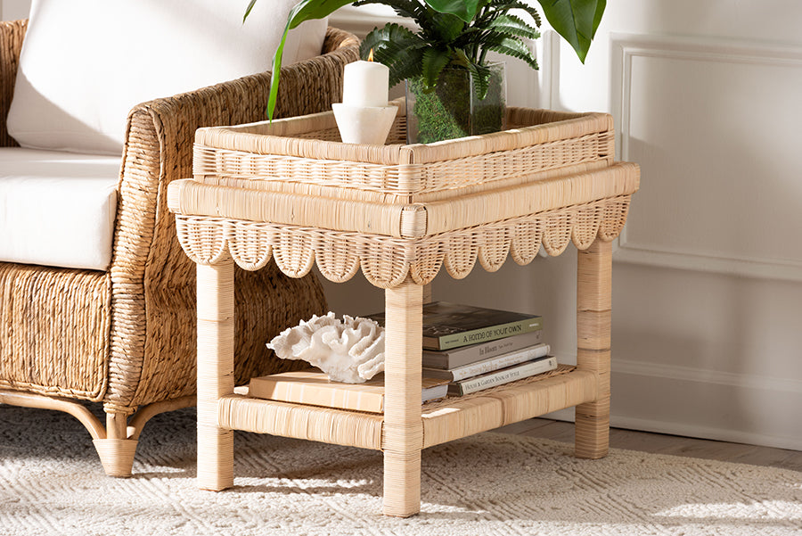 Weyman Scalloped Rattan End Table with Removable Tray Top - Handwoven Rattan Accent Table with Shelf, Coastal Boho Style Side Table for Living Room or Bedroom