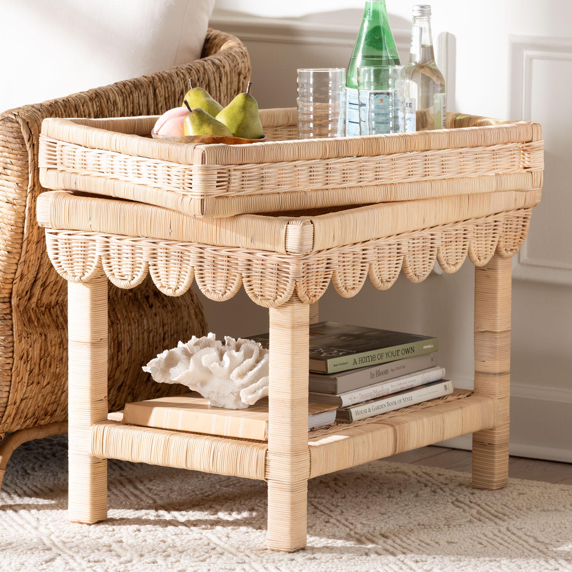 Weyman Scalloped Rattan End Table with Removable Tray Top - Handwoven Rattan Accent Table with Shelf, Coastal Boho Style Side Table for Living Room or Bedroom