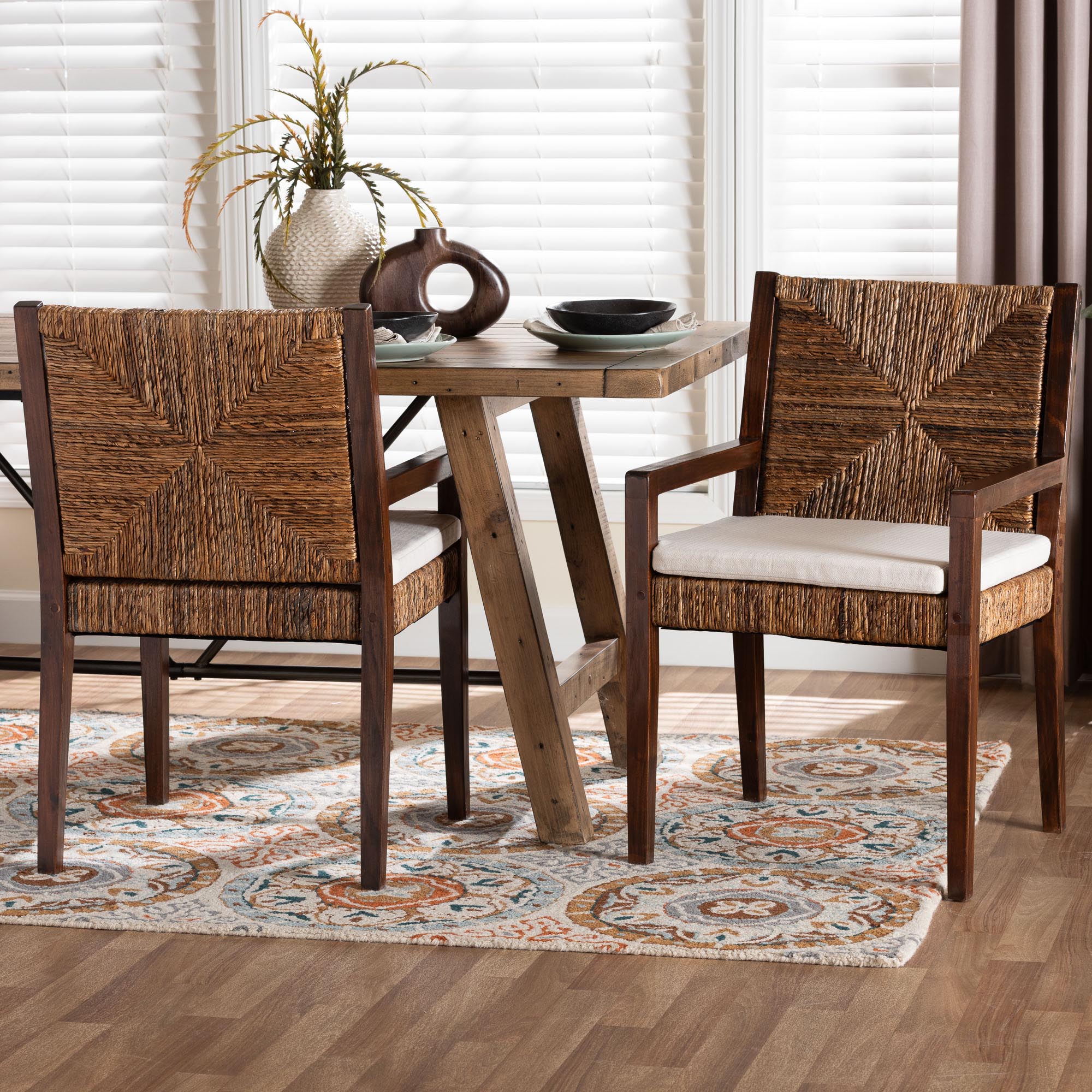 Cordoba 2-Piece Handwoven Seagrass Armchairs - Solid Mango Wood Frame Dining Chair with Woven Seat and Backrest, Rustic Boho Style Kitchen or Dining Room Seating, Dark Brown