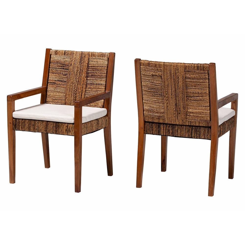 Chabela 2-Piece Handwoven Seagrass Armchairs - Solid Mango Wood Frame Dining Chair with Woven Seat and Backrest, Rustic Boho Style Kitchen or Dining Room Seating, Medium Brown