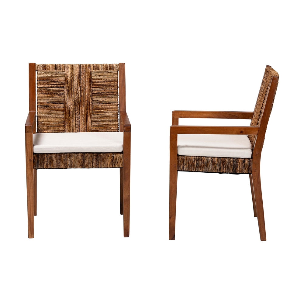Chabela 2-Piece Handwoven Seagrass Armchairs - Solid Mango Wood Frame Dining Chair with Woven Seat and Backrest, Rustic Boho Style Kitchen or Dining Room Seating, Medium Brown