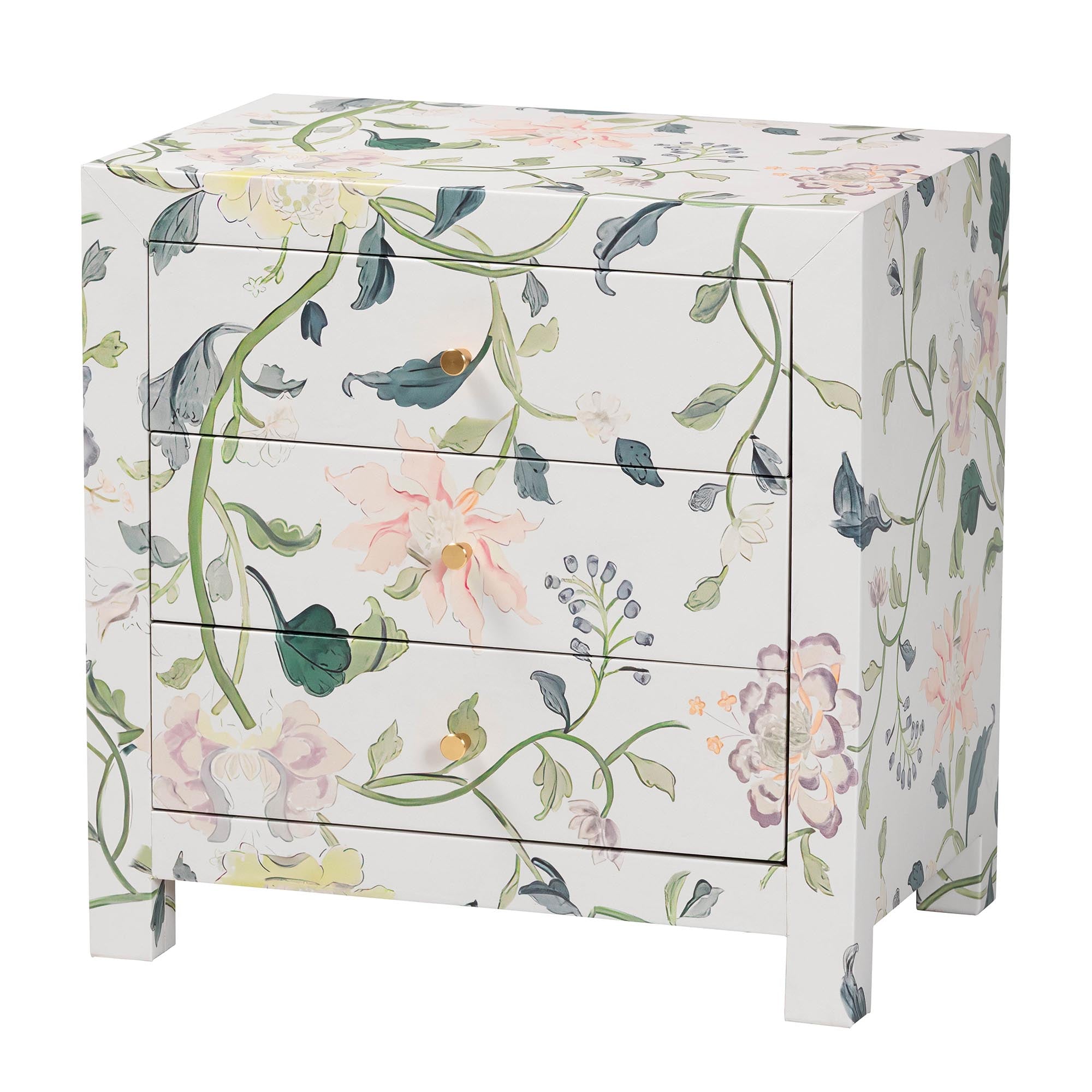 Baxton Studio Connery Floral End Table - 3-Drawer Decorative Accent Storage Cabinet