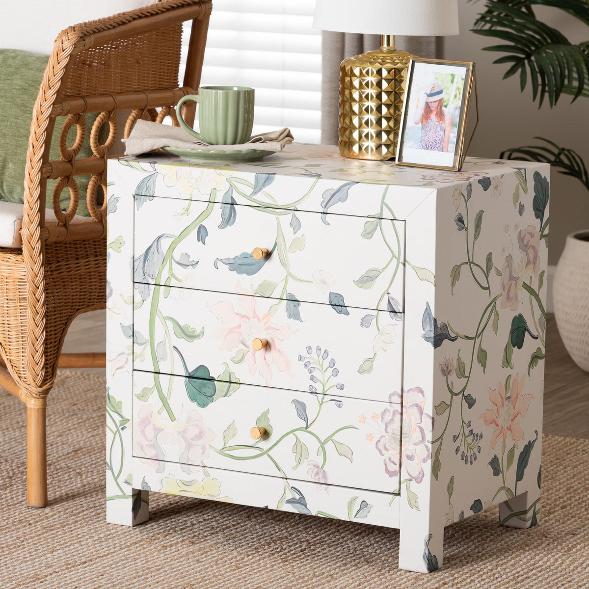 Connery Floral End Table - 3-Drawer Decorative Accent Storage Cabinet