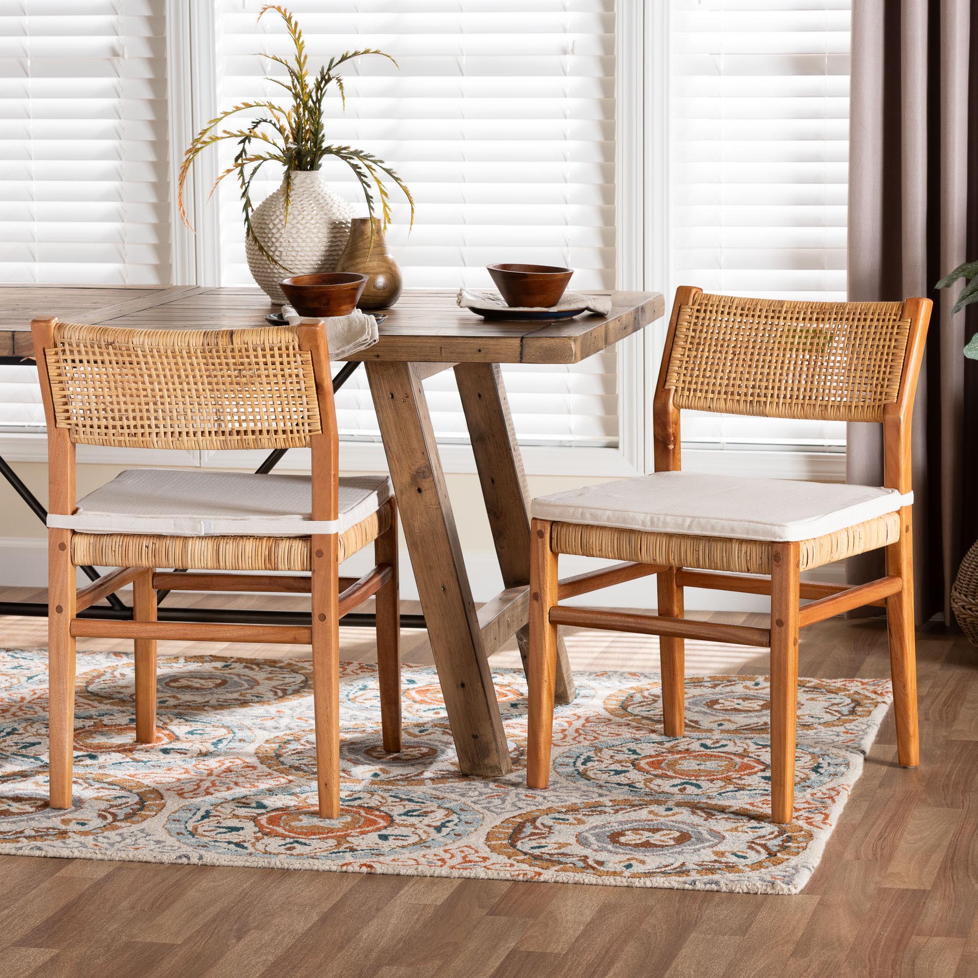 Chatura Natural Rattan and Mahogany Wood 2-Piece Dining Side Chair Set - Handwoven Wicker Dining Chair with Angled Back, Coastal Boho Seating for Dining or Kitchen