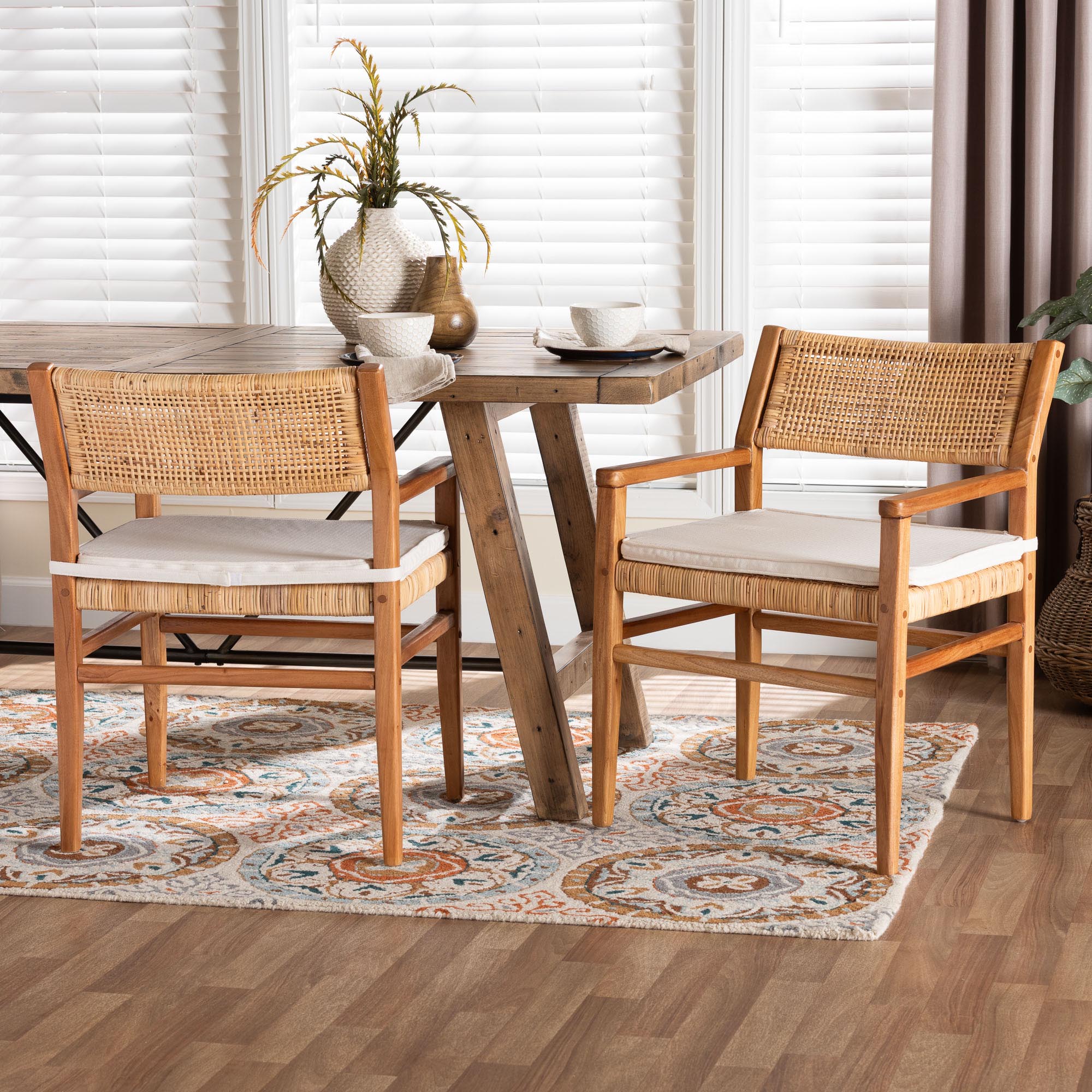 Chatura Natural Rattan and Mahogany Wood 2-Piece Dining Armchair Set - Handwoven Wicker Dining Chair with Angled Back, Coastal Boho Seating for Dining or Kitchen