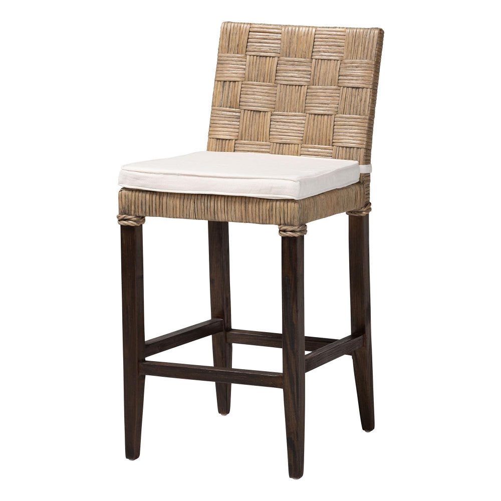 Fatima Natural Rattan Counter Stool with Cushion - Handwoven Wicker Stool with Basketweave Back and Seat, Coastal Boho Seating for Kitchen or Dining Area