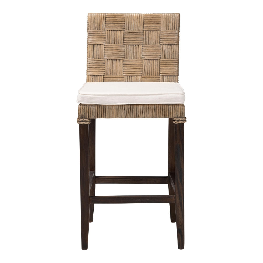 Fatima Natural Rattan Counter Stool with Cushion - Handwoven Wicker Stool with Basketweave Back and Seat, Coastal Boho Seating for Kitchen or Dining Area