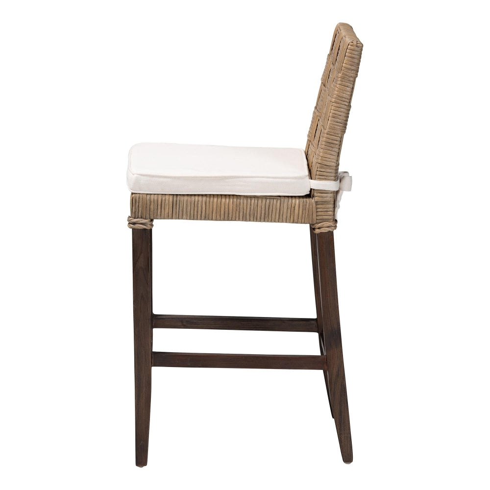 Fatima Natural Rattan Counter Stool with Cushion - Handwoven Wicker Stool with Basketweave Back and Seat, Coastal Boho Seating for Kitchen or Dining Area