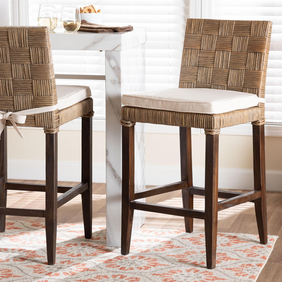 Fatima Natural Rattan Counter Stool with Cushion - Handwoven Wicker Stool with Basketweave Back and Seat, Coastal Boho Seating for Kitchen or Dining Area