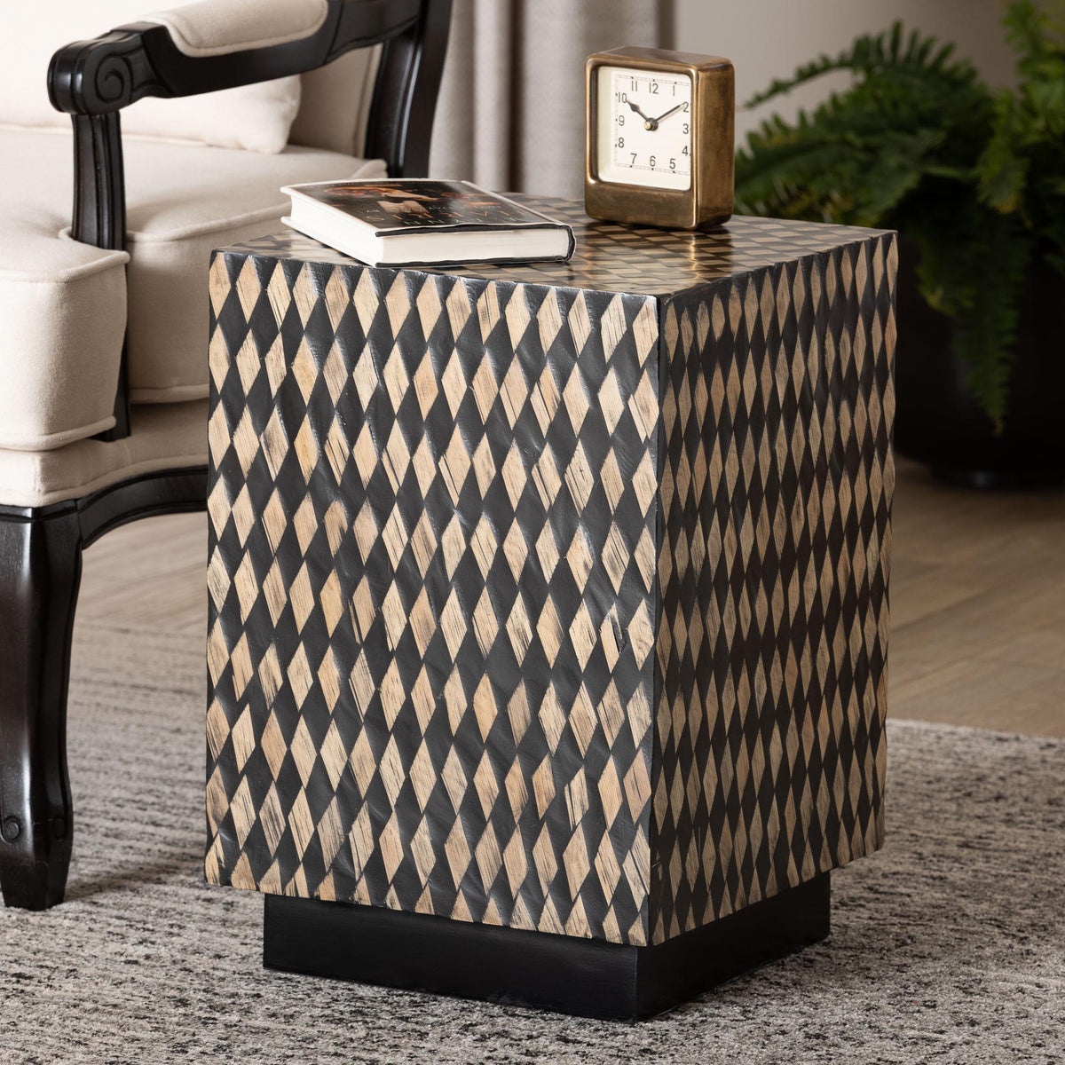Paulo Decorative End Table with Bamboo Diamond Pattern - Modern Accent Side Table for Living Room or Bedroom, Square