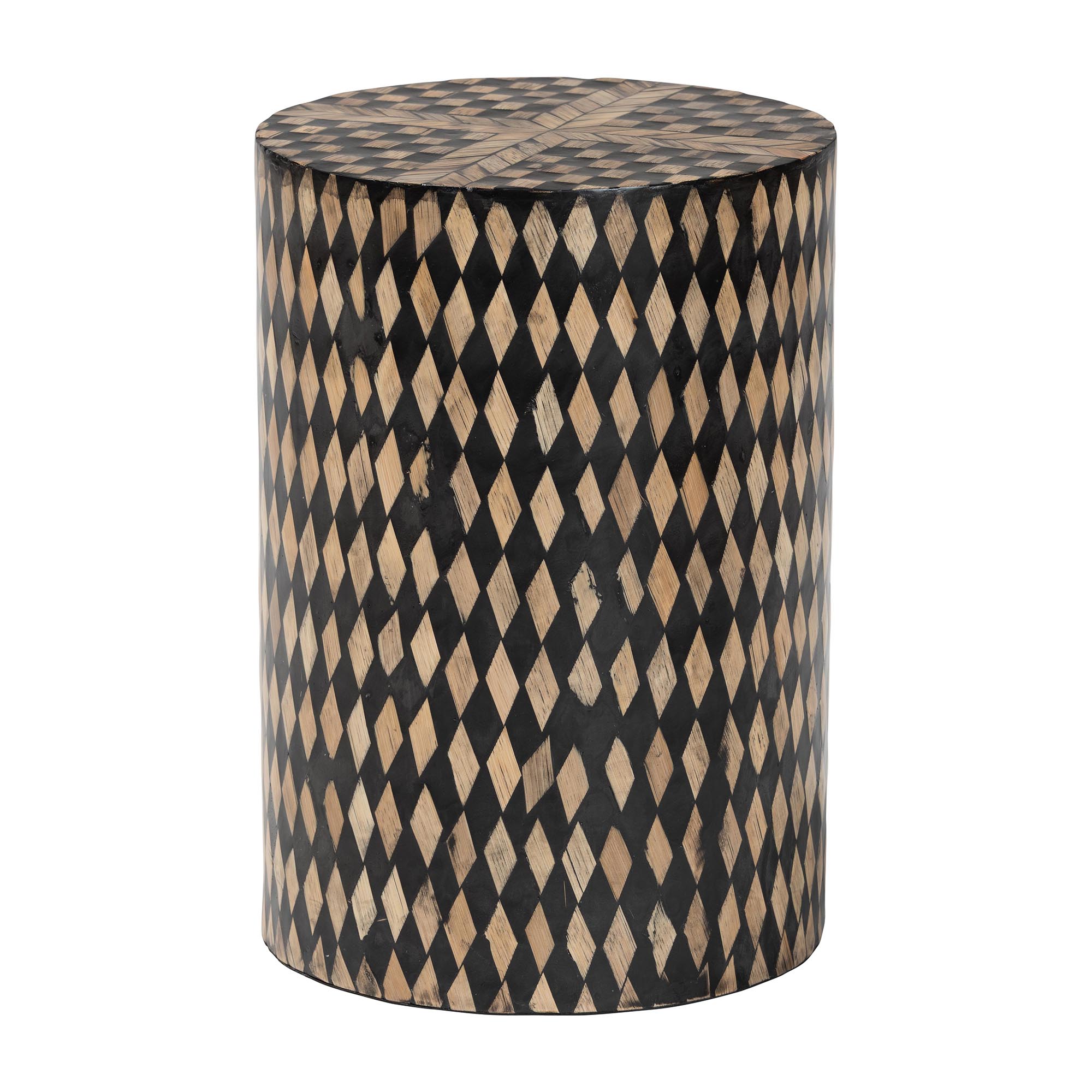 Paulo Decorative End Table with Bamboo Diamond Pattern - Modern Accent Side Table for Living Room or Bedroom, Round