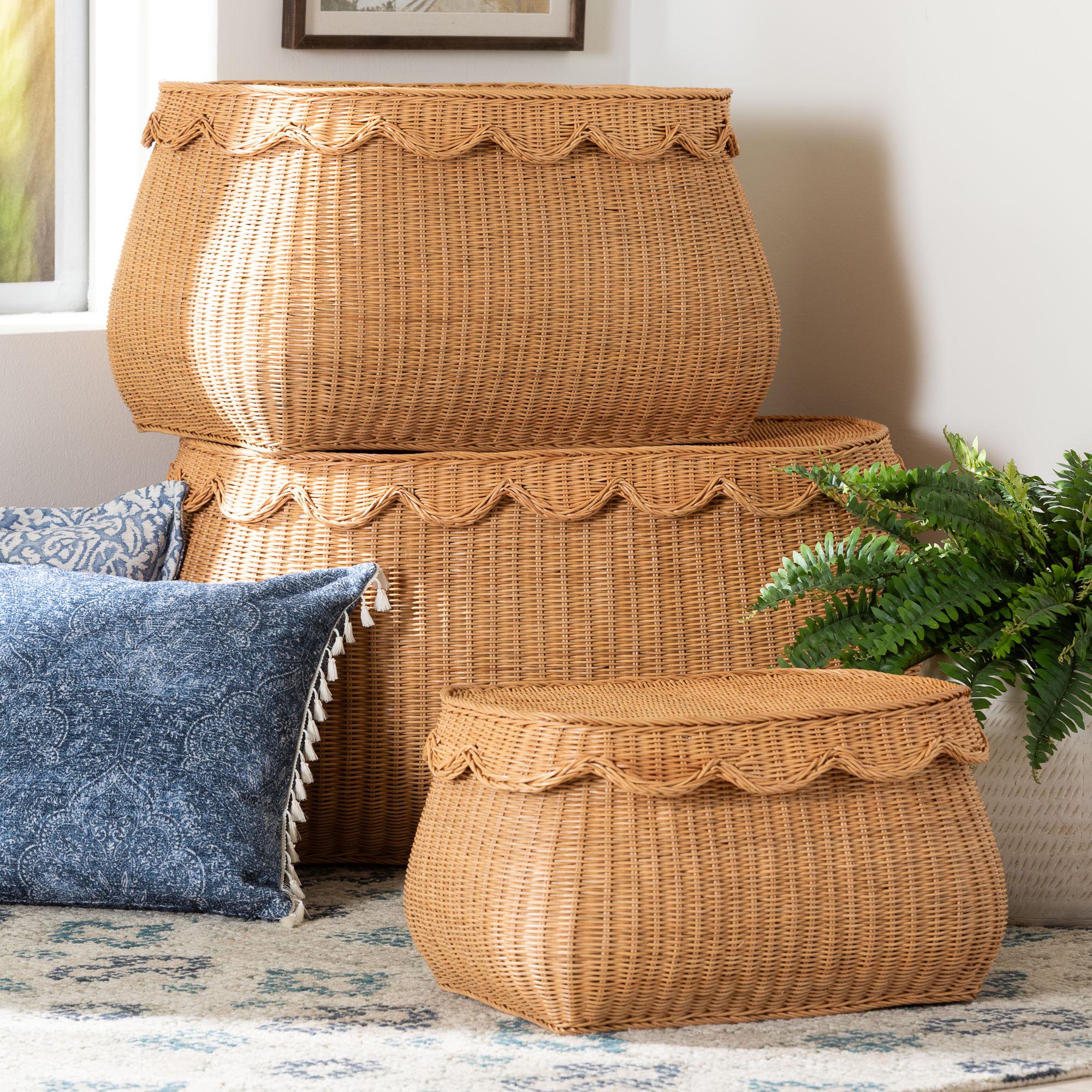 Ayleen Natural Rattan Basket Set with Scalloped Lids - Handwoven Wicker Storage Boxes, Boho Coastal Home Decor, 3-Piece Set