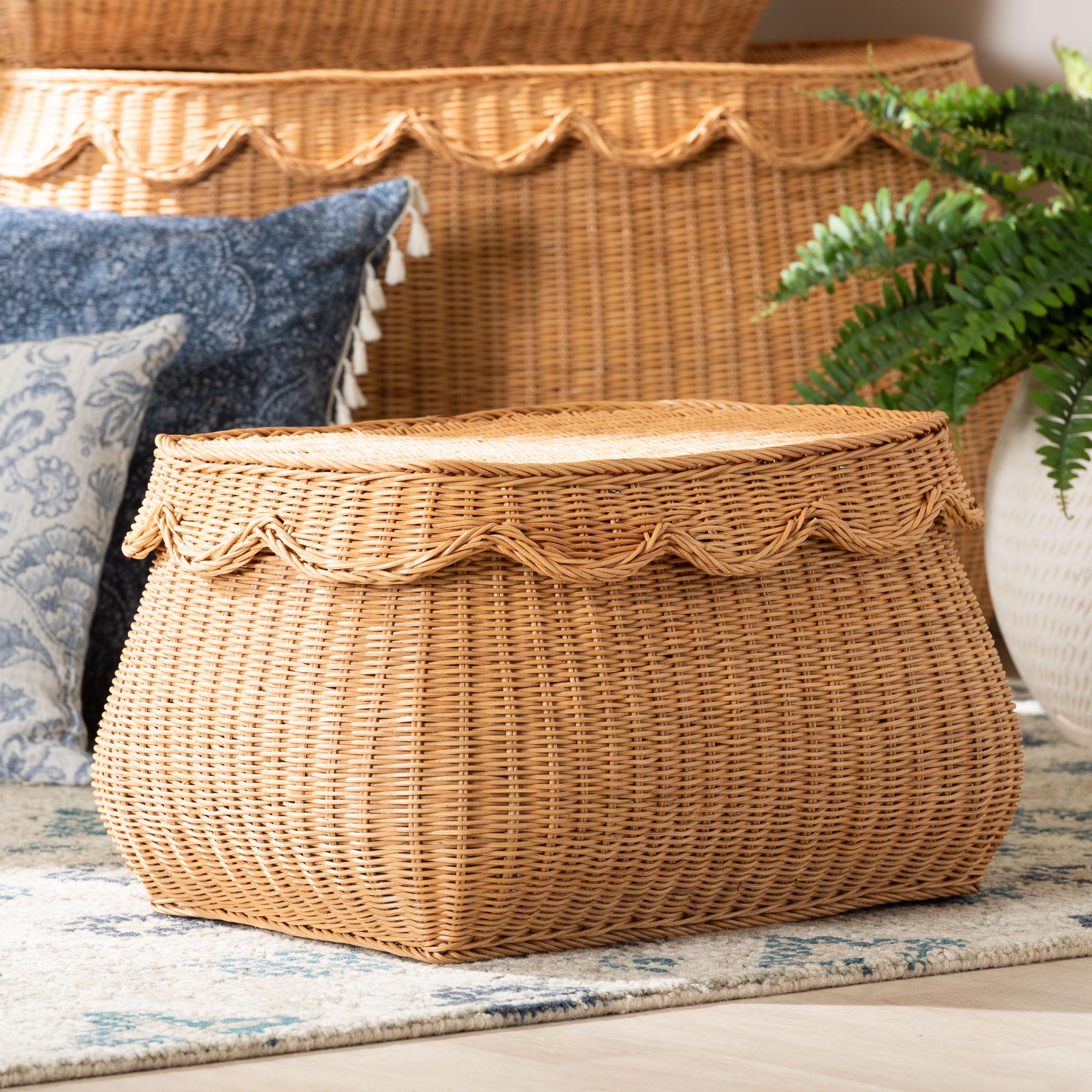 Ayleen Natural Rattan Basket with Scalloped Lid - Handwoven Wicker Storage Box, Boho Coastal Home Decor, Small
