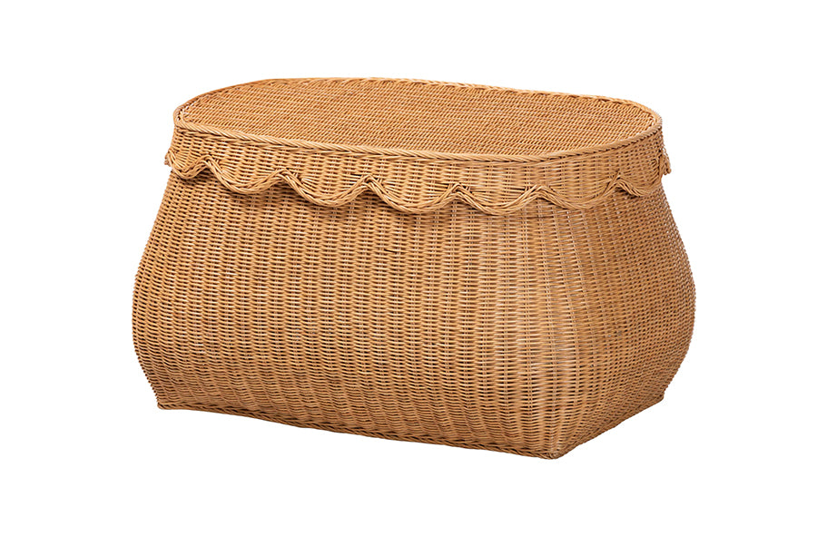 Ayleen Natural Rattan Basket with Scalloped Lid - Handwoven Wicker Storage Box, Boho Coastal Home Decor, Medium