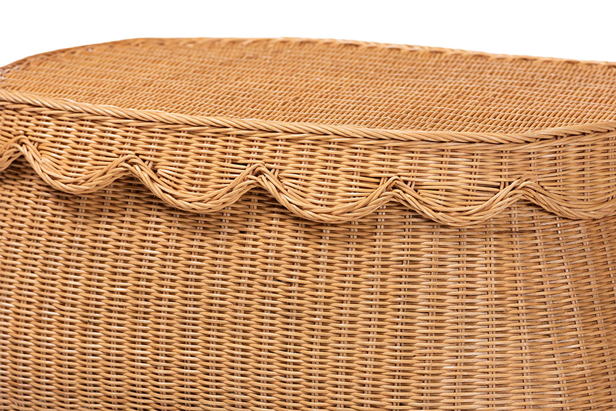 Ayleen Natural Rattan Basket with Scalloped Lid - Handwoven Wicker Storage Box, Boho Coastal Home Decor, Medium