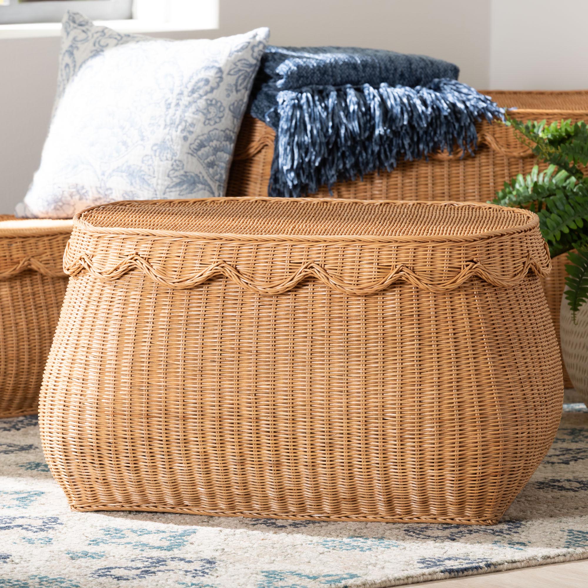 Ayleen Natural Rattan Basket with Scalloped Lid - Handwoven Wicker Storage Box, Boho Coastal Home Decor, Medium