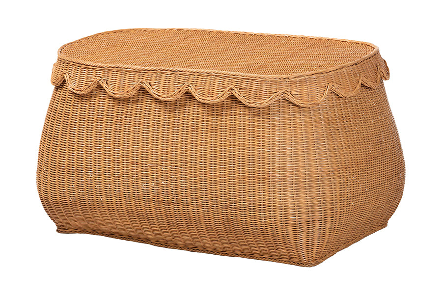 Ayleen Natural Rattan Basket with Scalloped Lid - Handwoven Wicker Storage Box, Boho Coastal Home Decor, Large