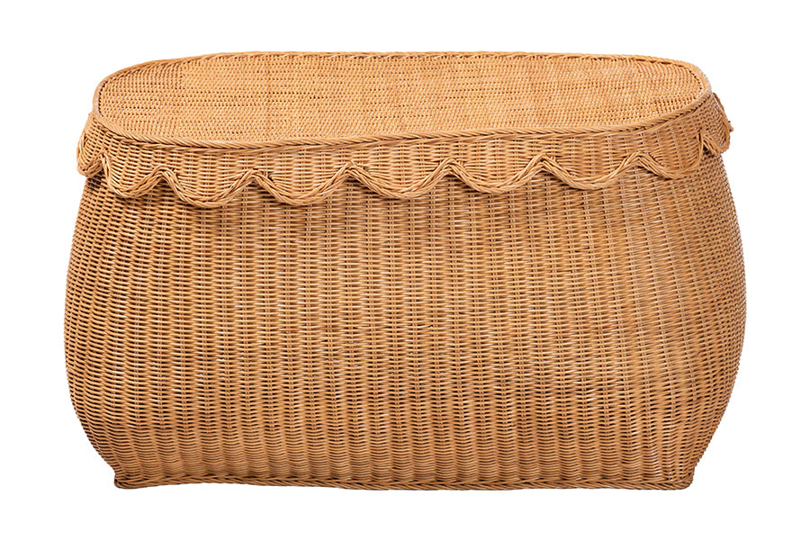 Ayleen Natural Rattan Basket with Scalloped Lid - Handwoven Wicker Storage Box, Boho Coastal Home Decor, Large