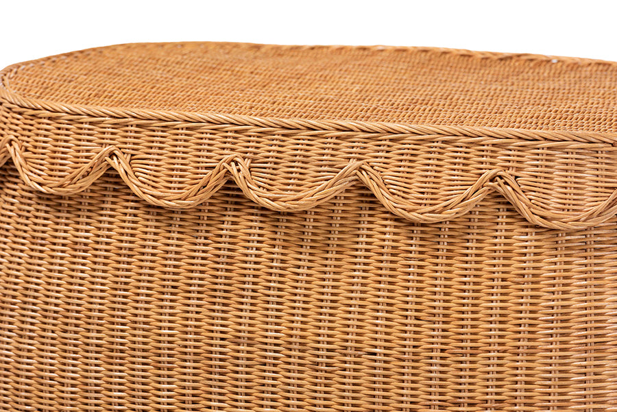 Ayleen Natural Rattan Basket with Scalloped Lid - Handwoven Wicker Storage Box, Boho Coastal Home Decor, Large