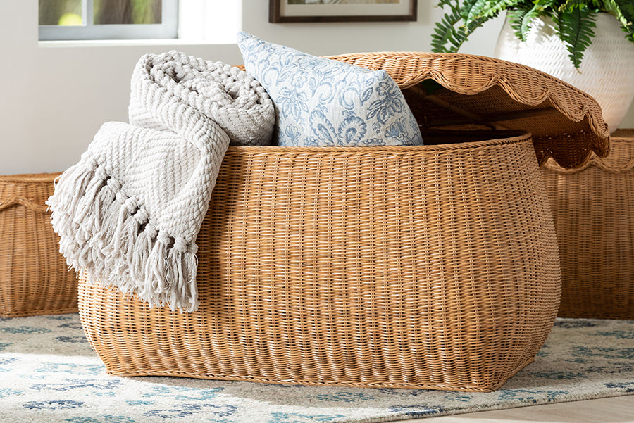 Ayleen Natural Rattan Basket with Scalloped Lid - Handwoven Wicker Storage Box, Boho Coastal Home Decor, Large
