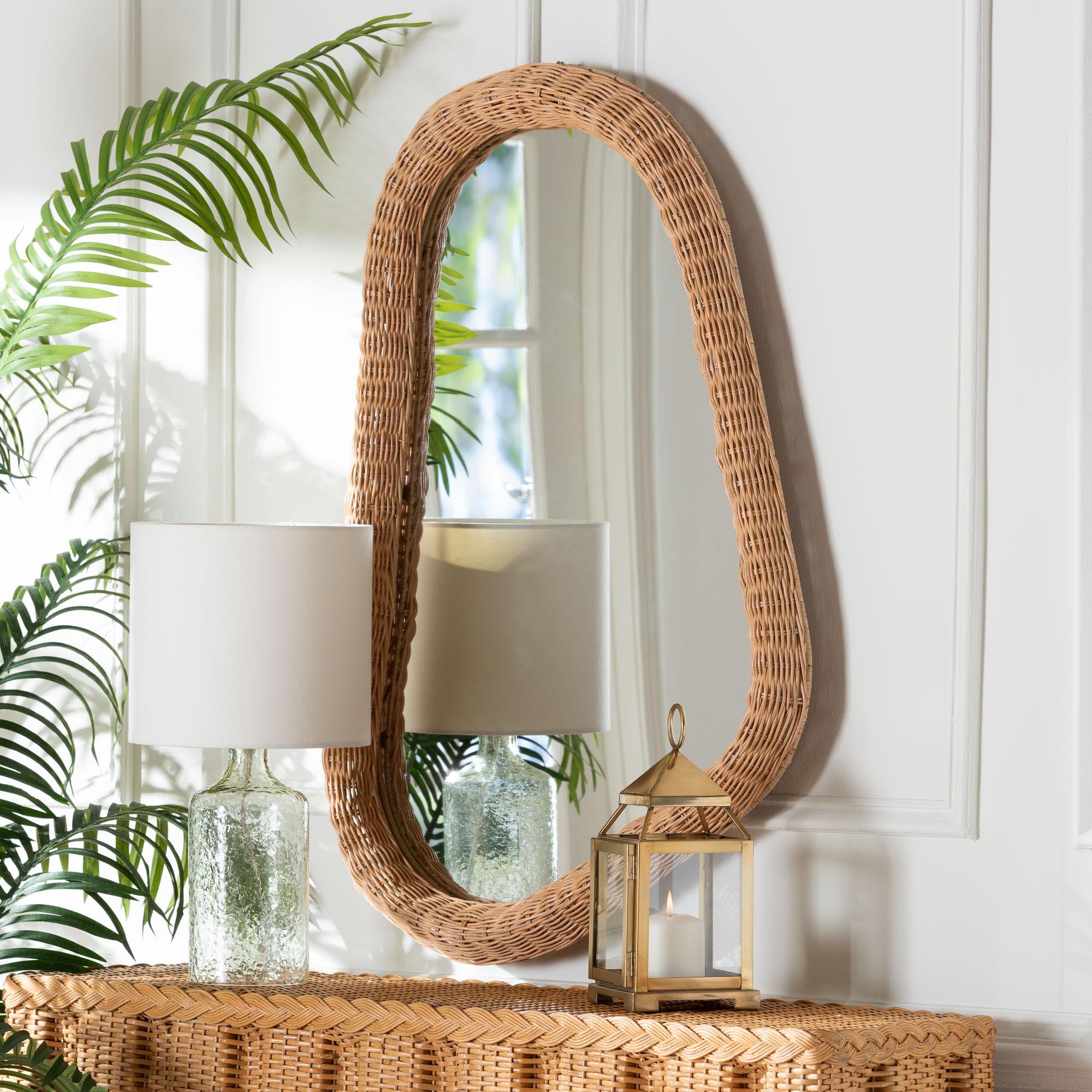 Ulrica Natural Rattan Wall Mirror - Handwoven Wicker Irregular Shape Accent Mirror for Living Room, Bedroom, or Entryway