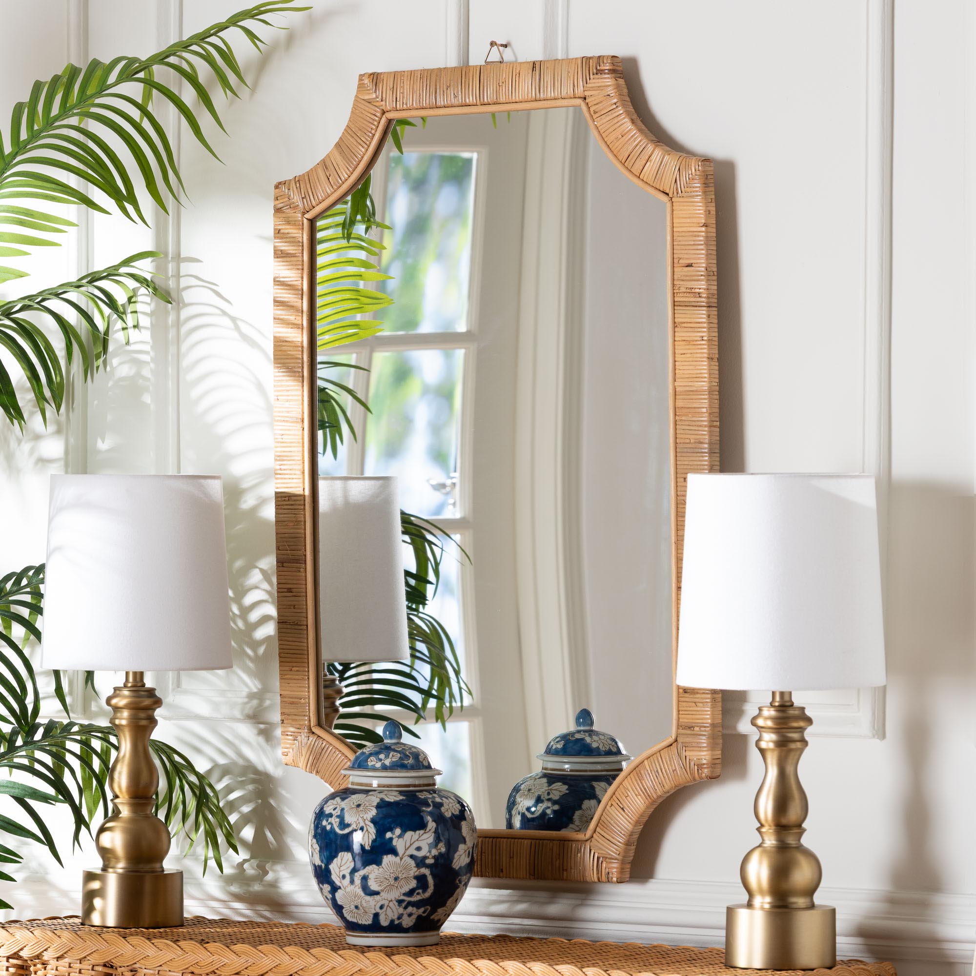 Thiago Natural Rattan Wall Mirror - Handwoven Wicker Rectangle Mirror with Scalloped Corners, Coastal Boho Wall Decor for Entryway, Bedroom, or Living Room