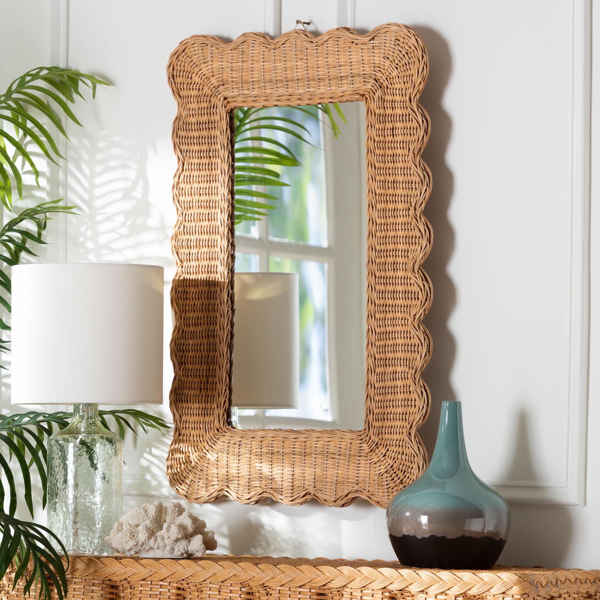 Makoto Scalloped Natural Rattan Wall Mirror - Handwoven Wicker Rectangle Frame, Boho Coastal Accent Wall Decor for Entryway, Bedroom, or Living Room